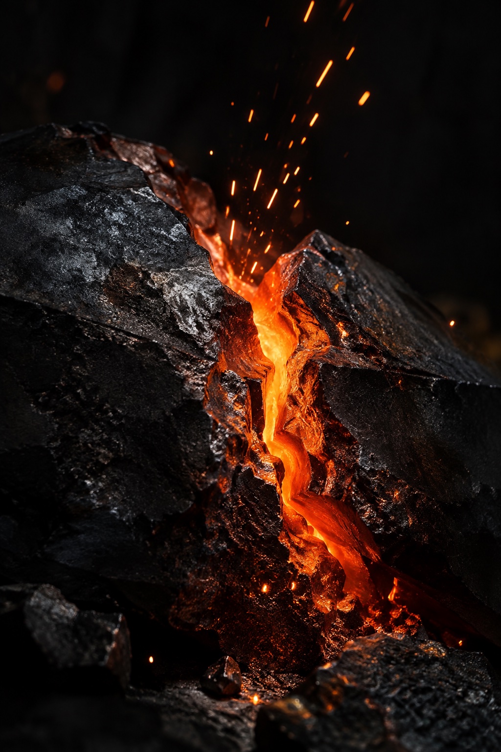 A molten orange seam and rising sparks in dark forged material